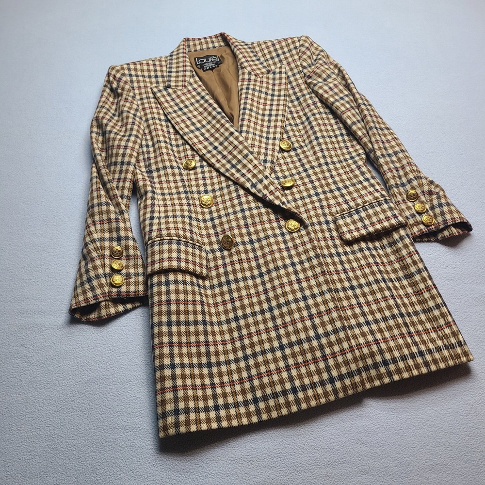 Laurel Plaid Blazer Womens 38 Brown Excellent Wool Double Breasted Gold Buttons